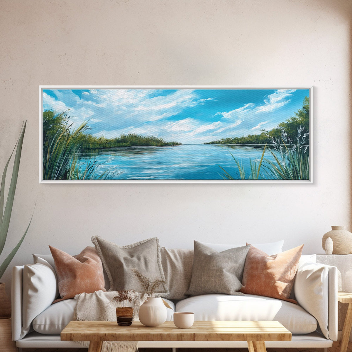 Tranquil River Landscape Art, Serene Water Painting, Nature Wall Decor, Blue Green Home Decor, Modern Office Wall Art
