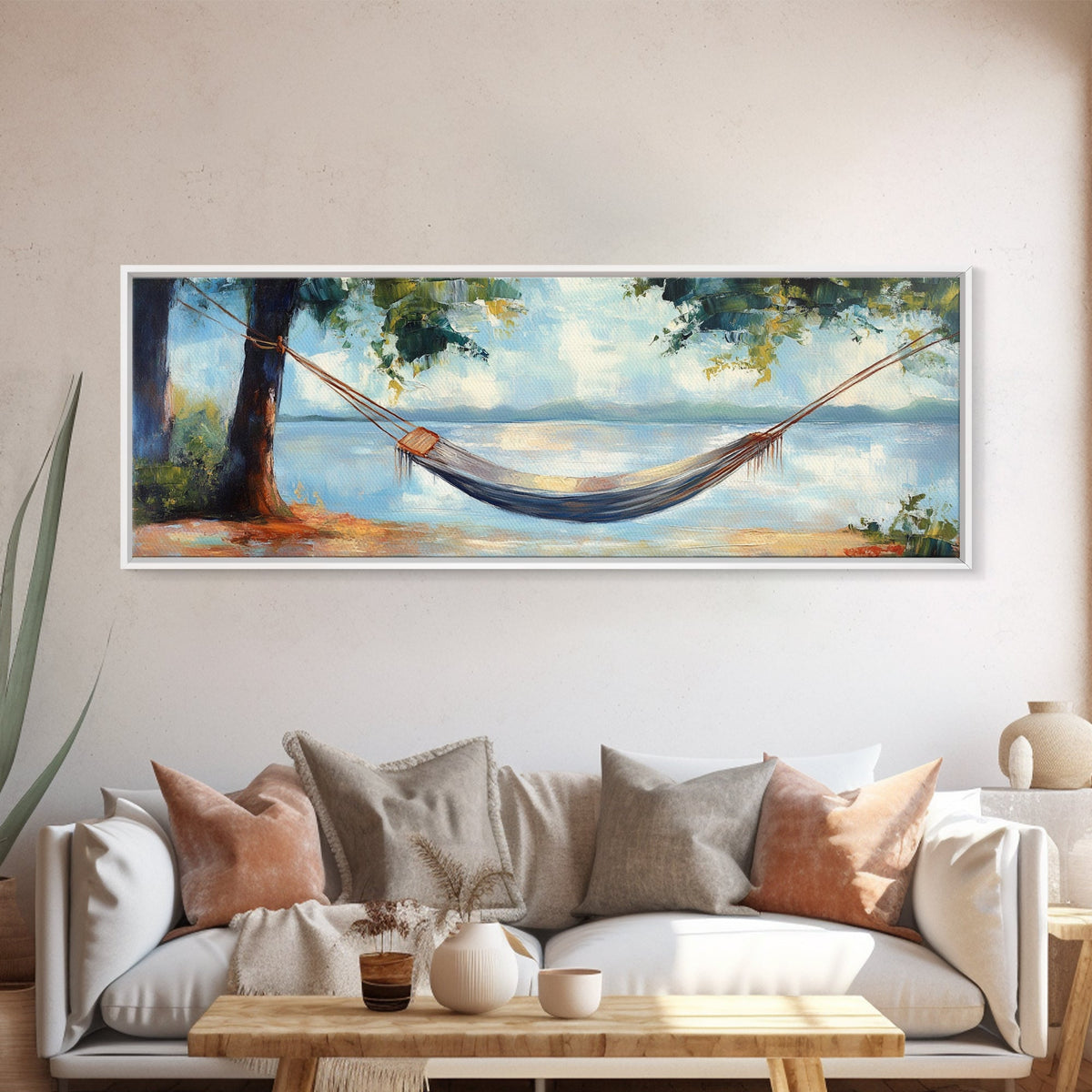 Relaxing Hammock Lake Scene, Tranquil Coastal Art, Serene Nature Painting, Boho Wall Decor, Minimalist Bedroom Art