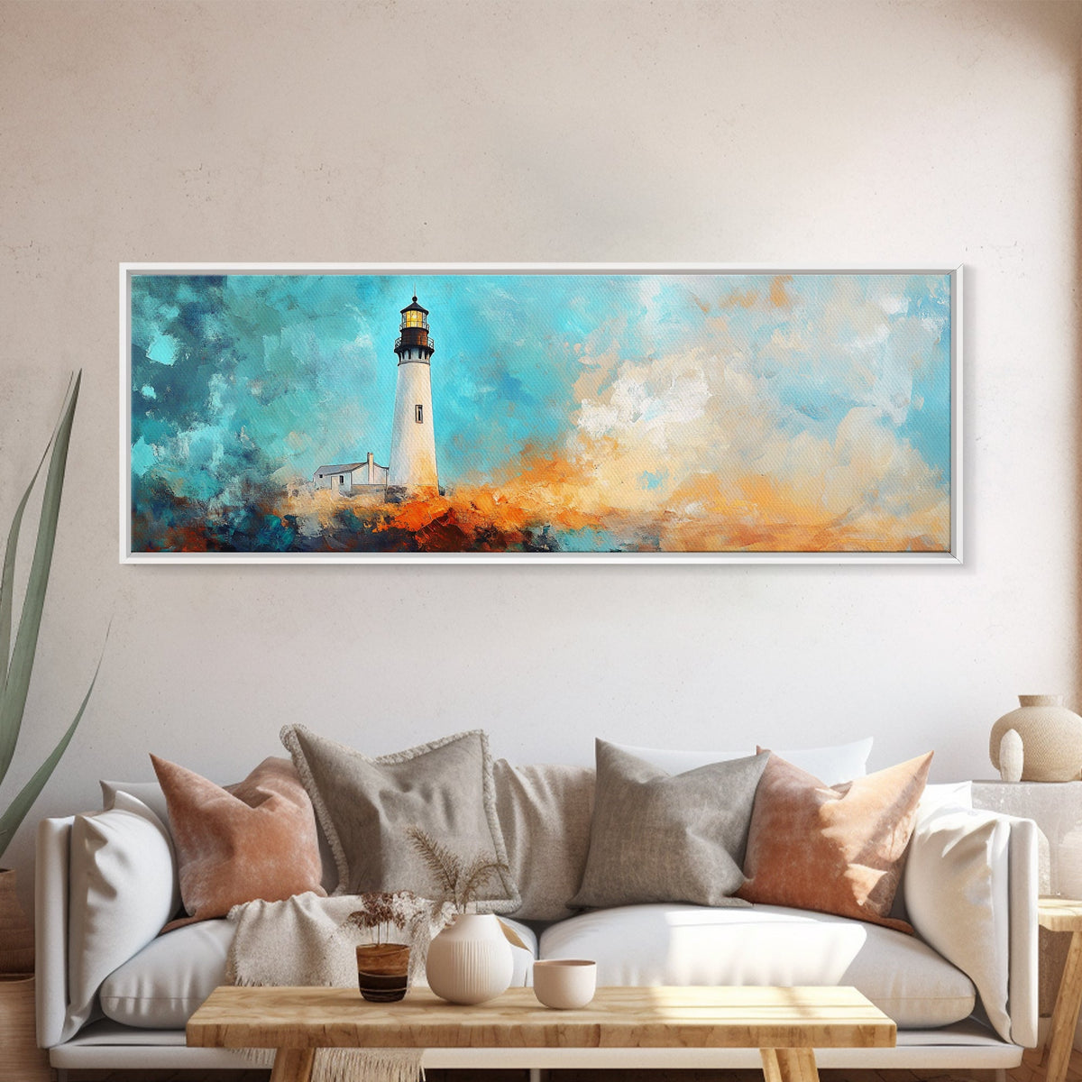 Lighthouse Cliff Seascape Art, Coastal Landscape Painting, Ocean View Home Decor, Modern Nautical Wall Art, Large Living Room Art