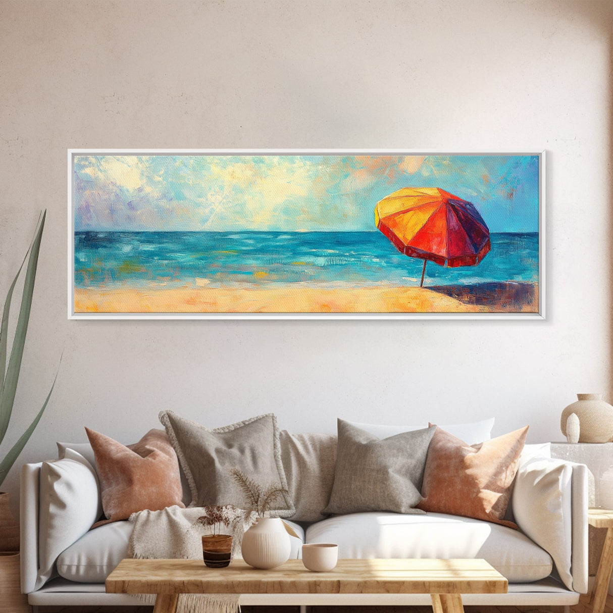 Vibrant Beach Umbrella Painting, Colorful Coastal Ocean Art, Bold Summer Seascape Decor, Bright Living Room, Canvas Print