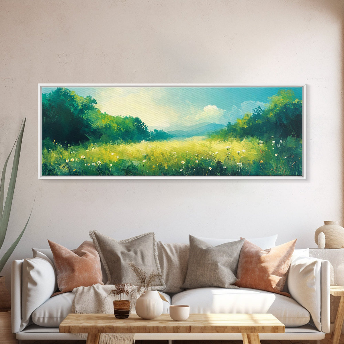 Serene Meadow Landscape Framed Canvas Print Nature Wall Art Impressionist Painting Summer Home Decor Bedroom or Office Wall Accent