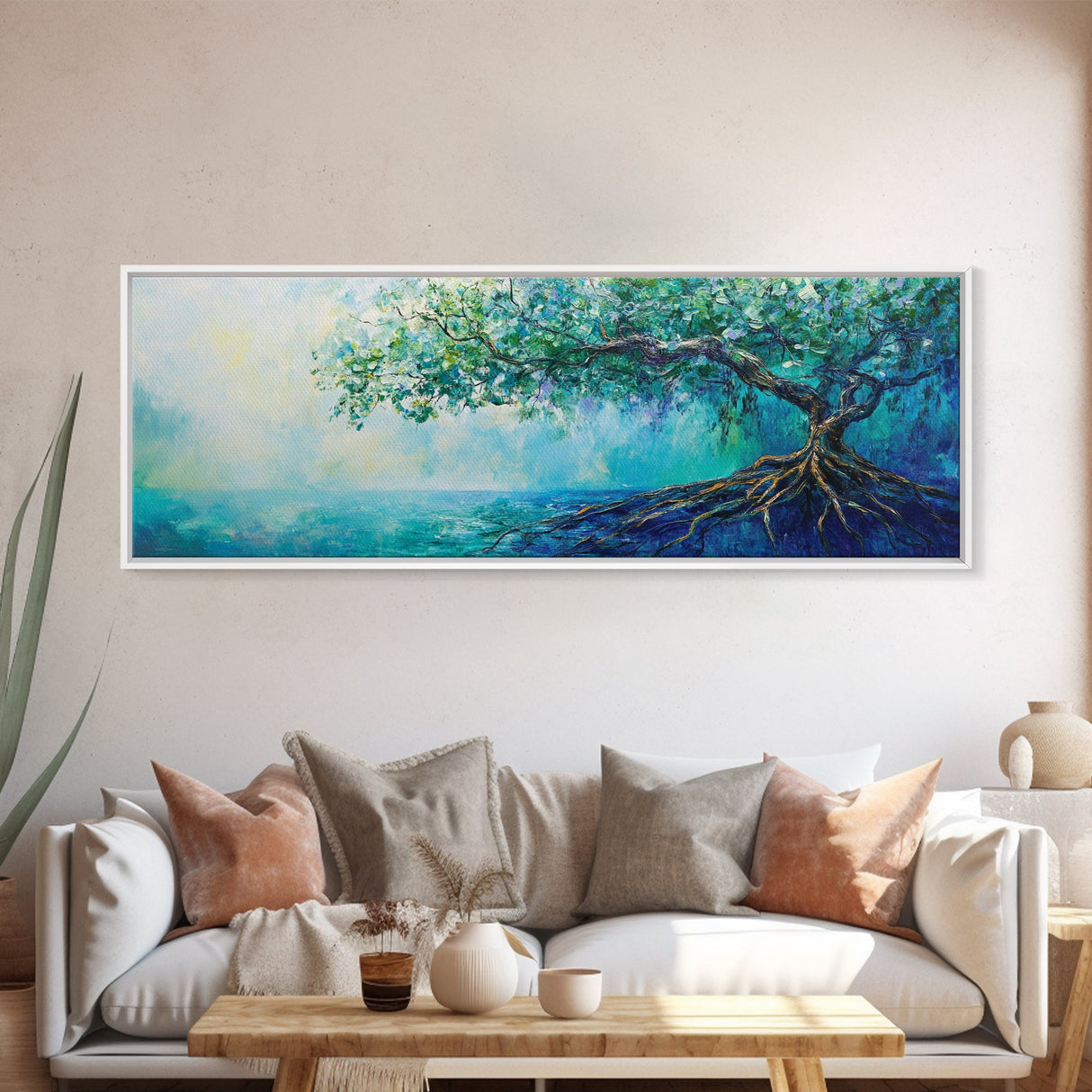 Mystical Tree Art Canvas Print Blue Abstract Nature Wall Decor Dreamy Coastal Artwork Living Room or Bedroom Accent Minimalist Boho