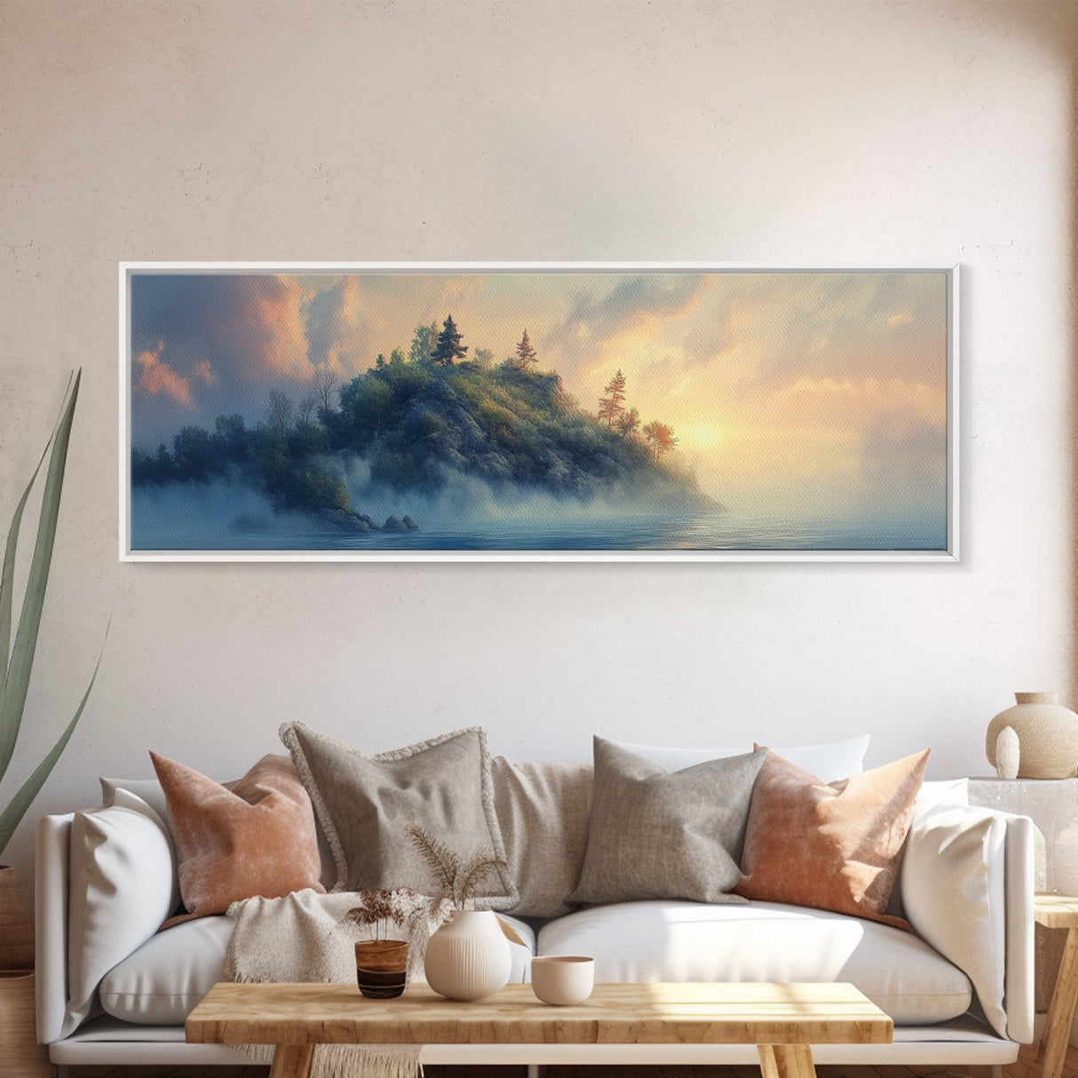 Misty Island Sunrise Canvas Print - Scenic Landscape Wall Art, Living Room Decor, Soft Light Artwork, Serene Home Office Art