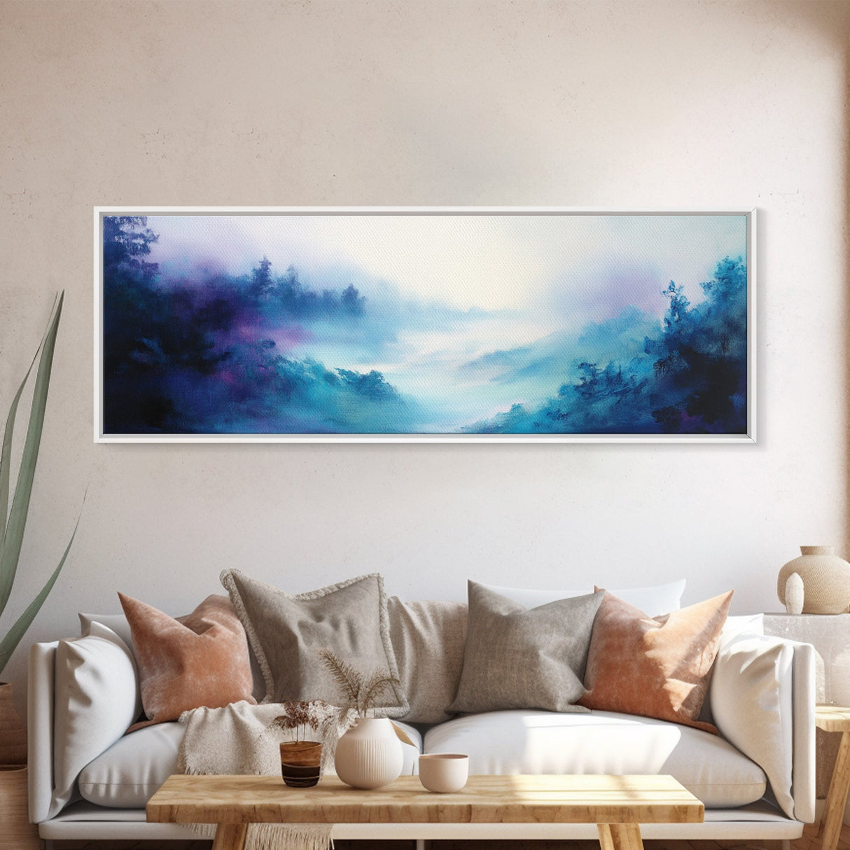 Ethereal Foggy Forest Framed Canvas Print - Mystical Landscape Wall Art, Blue and Purple Nature Decor, Living Room Art