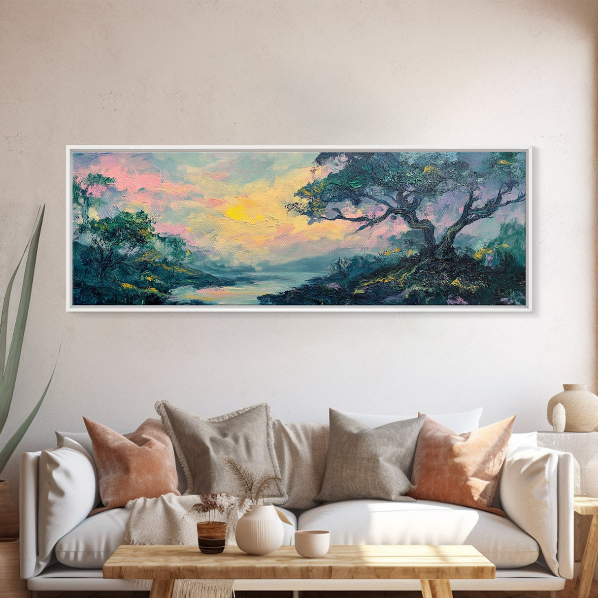 Sunset Over Rolling Hills Canvas Print - Impressionist Landscape Wall Art, Vibrant Sky Painting, Living Room Accent