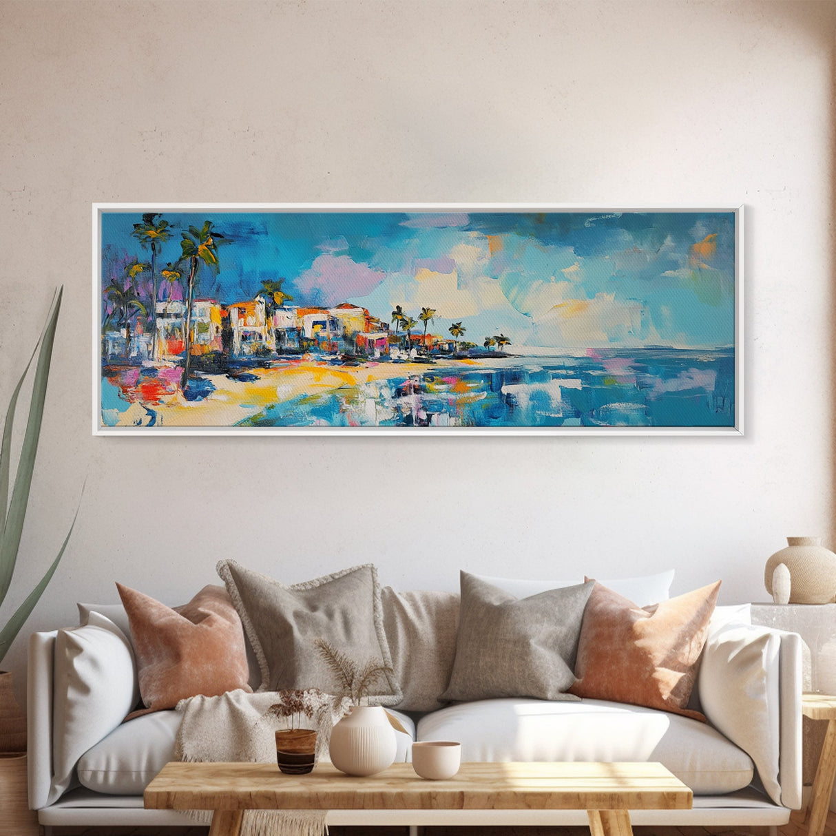 Tropical Beach Houses Framed Canvas Print Coastal Wall Art Vibrant Colorful Painting Modern Decor Large Art Living Room Office Art