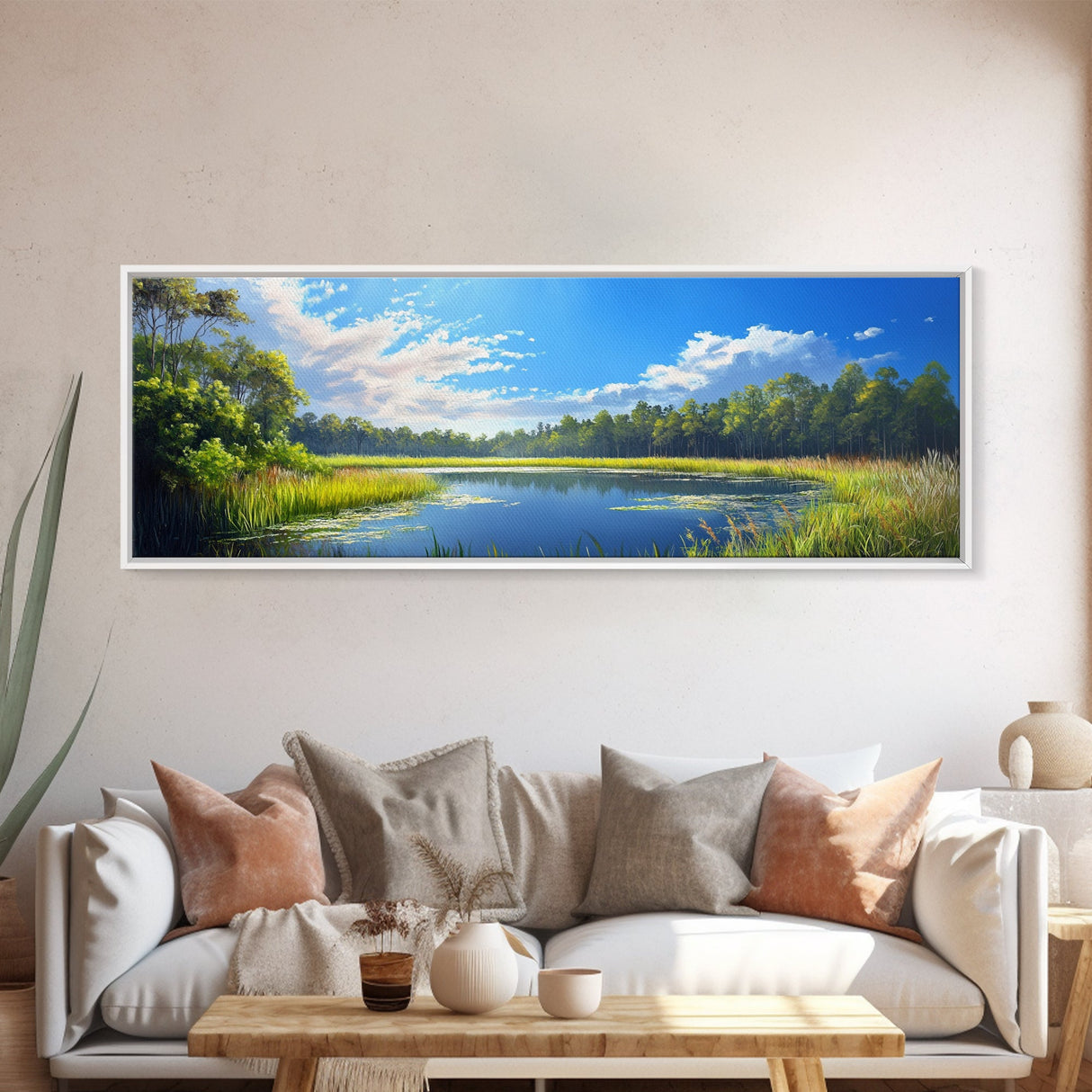 Scenic Lake Framed Canvas Print Nature Wall Art Peaceful Pond Painting Outdoor Retreat Decor Farmhouse Landscape Living Room Art
