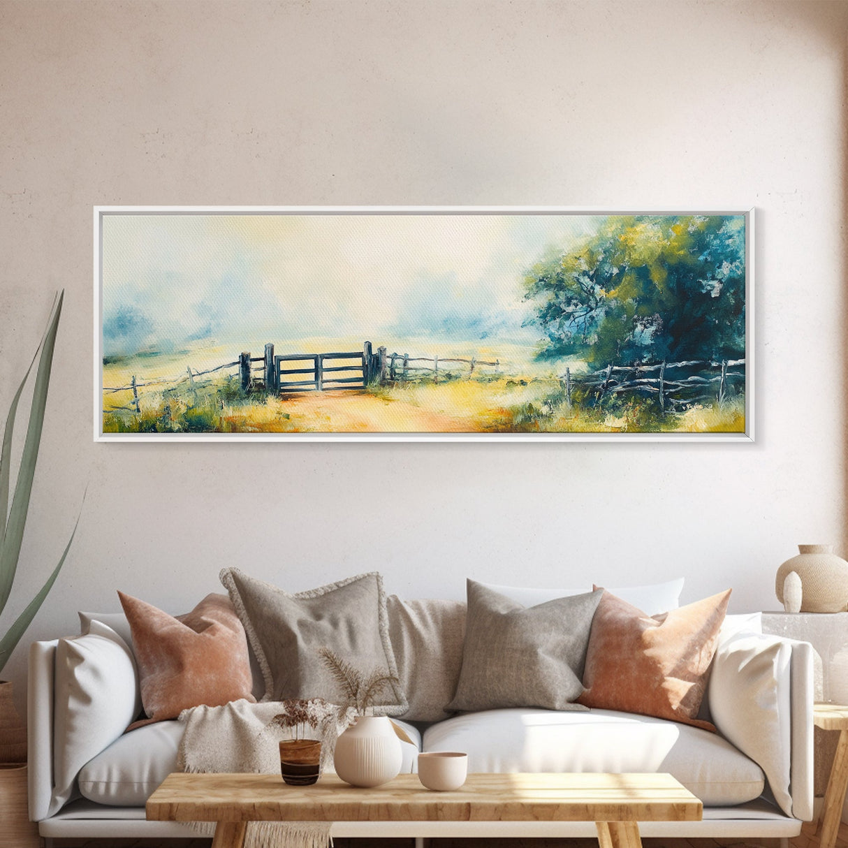 Country Gate Painting Rustic Farmhouse Landscape Art Tranquil Field Wall Decor Cozy Pastoral Artwork Entryway