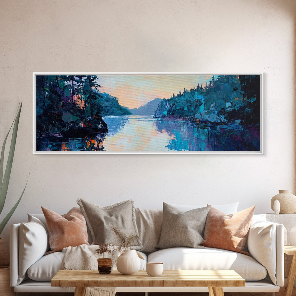 Twilight Lake Reflections Framed Canvas Print, Moody Landscape Painting, Dark Blue Nature Wall Art, Bedroom Art, Wilderness Artwork