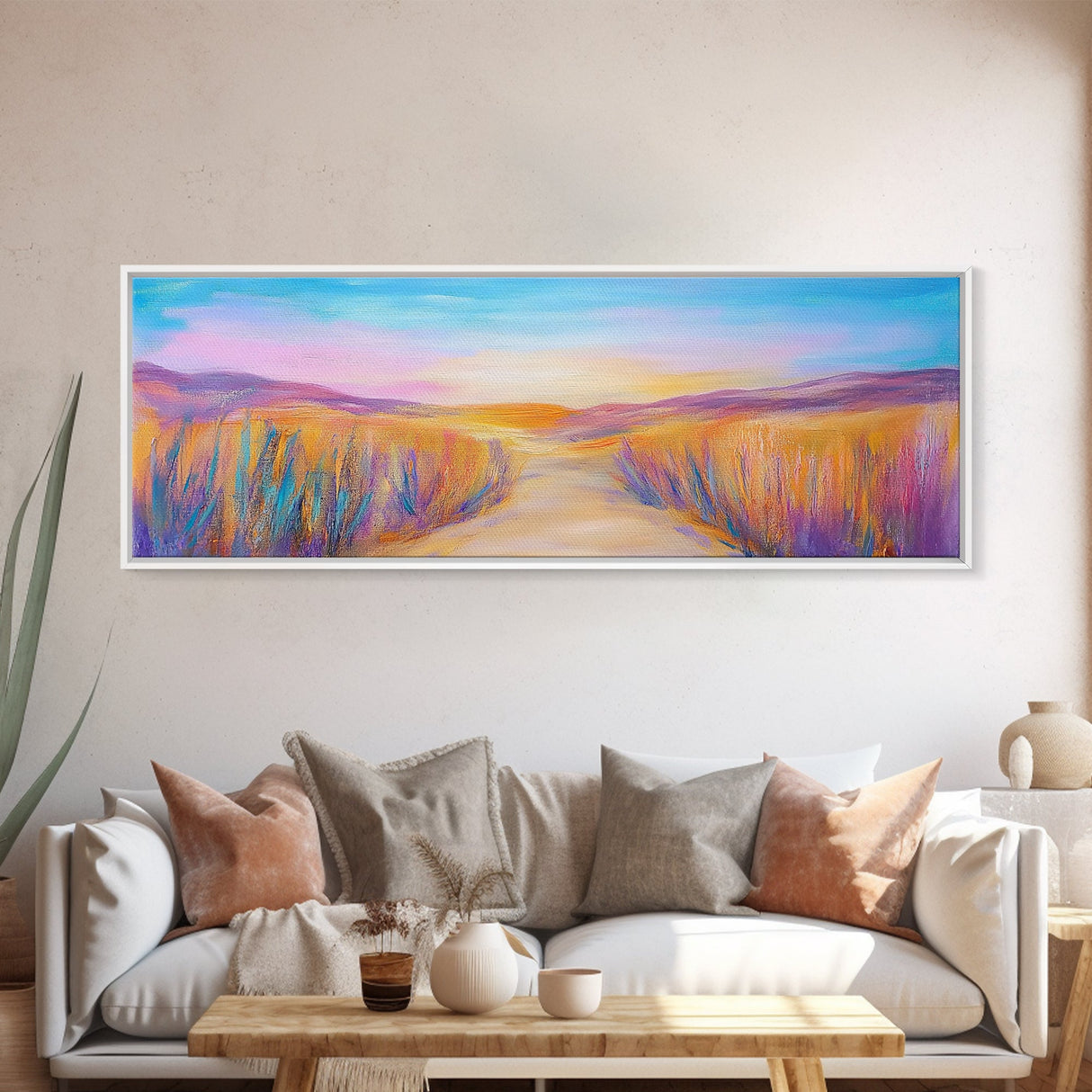 Serene Desert Sunset Path Framed Canvas Print, Southwestern Landscape Wall Art, Warm Earthy Tones, Nature Decor, Living Room Art