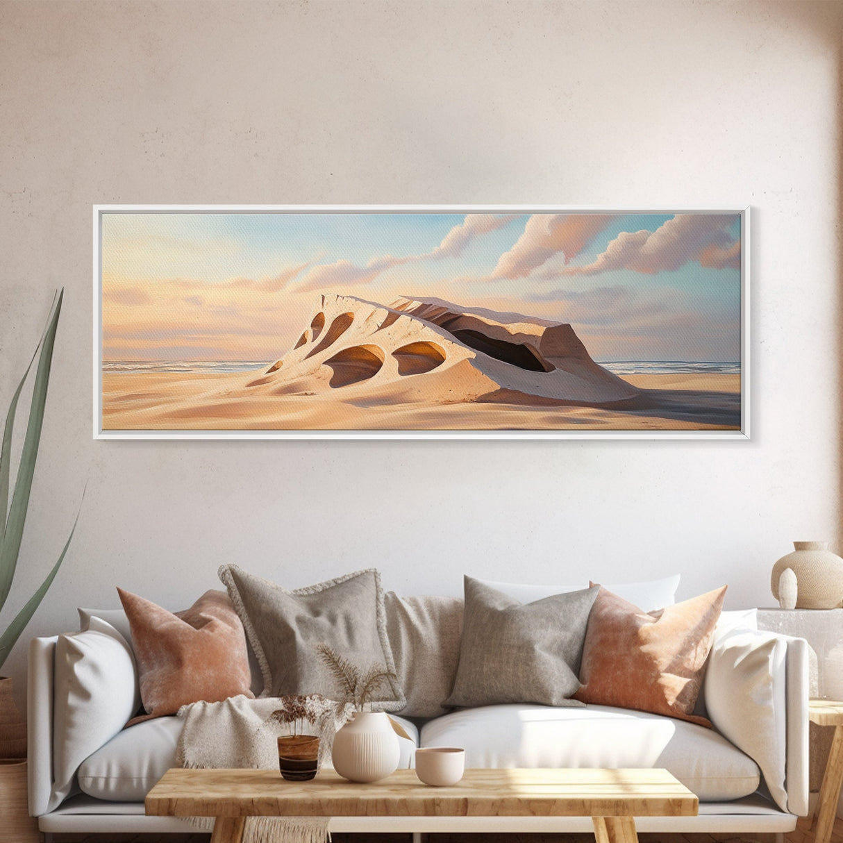 Surreal Beach Sand Formation Canvas Print, Coastal Nature Wall Art, Modern Ocean Landscape Painting, Minimalist Seascape Bedroom Decor