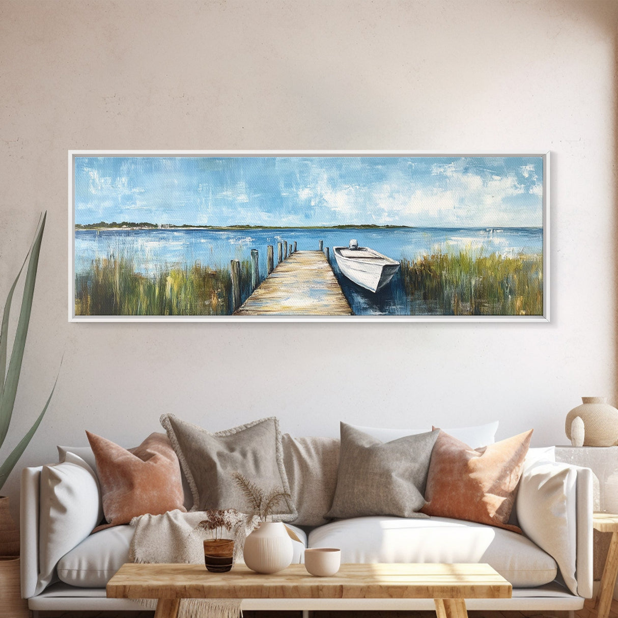 Lakeside Dock Framed Canvas Print Tranquil Waterfront Art Boat Painting Relaxing Cabin Decor Nautical Wall Art Rustic Living Room