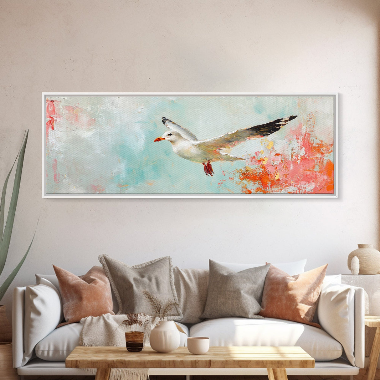 Seagull Flight Canvas Print Coastal Wall Art, Beach House Decor, Soaring Bird Painting, Ocean Lover Gift, Minimalist Art