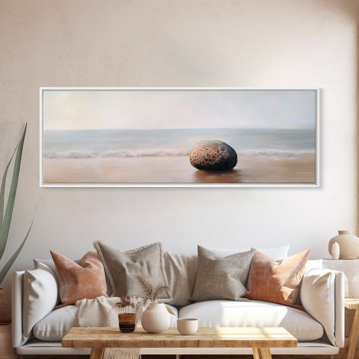 Tranquil Beach Rock Canvas Print Minimalist Wall Art Coastal Zen Painting Neutral Living Room Wall Art Serene Ocean Decor