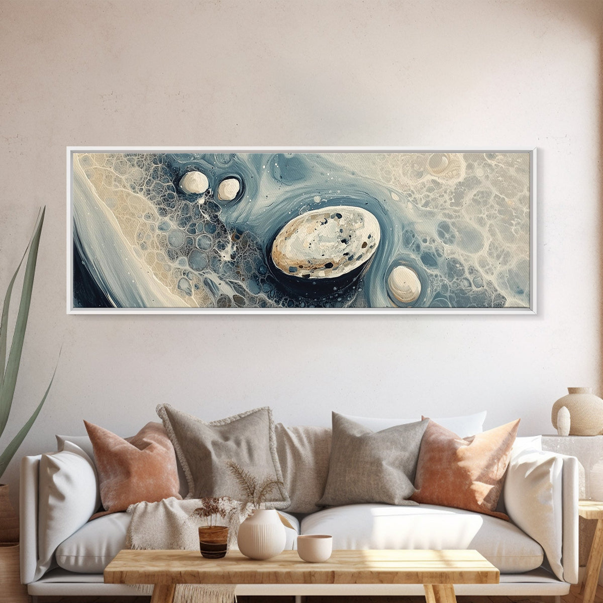 Fluid Abstract Pebbles Framed Canvas Print Modern Wall Art Contemporary Blue Grey Home Decor Minimalist Office Wall Art