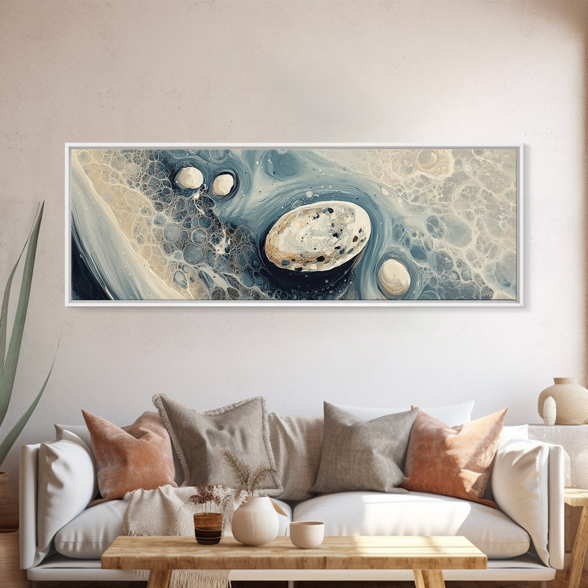 Fluid Abstract Pebbles Framed Canvas Print Modern Wall Art Contemporary Blue Grey Home Decor Minimalist Office Wall Art