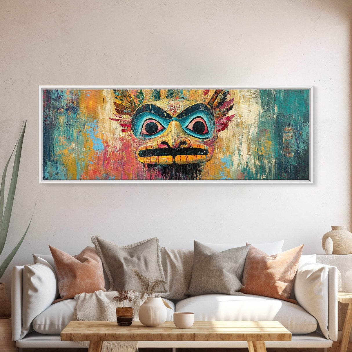 Tribal Mask, Vibrant Abstract, Bold Expressionism, Canvas Print, Boho Wall Art, Home Decor, Unique Artwork, Living Room Art