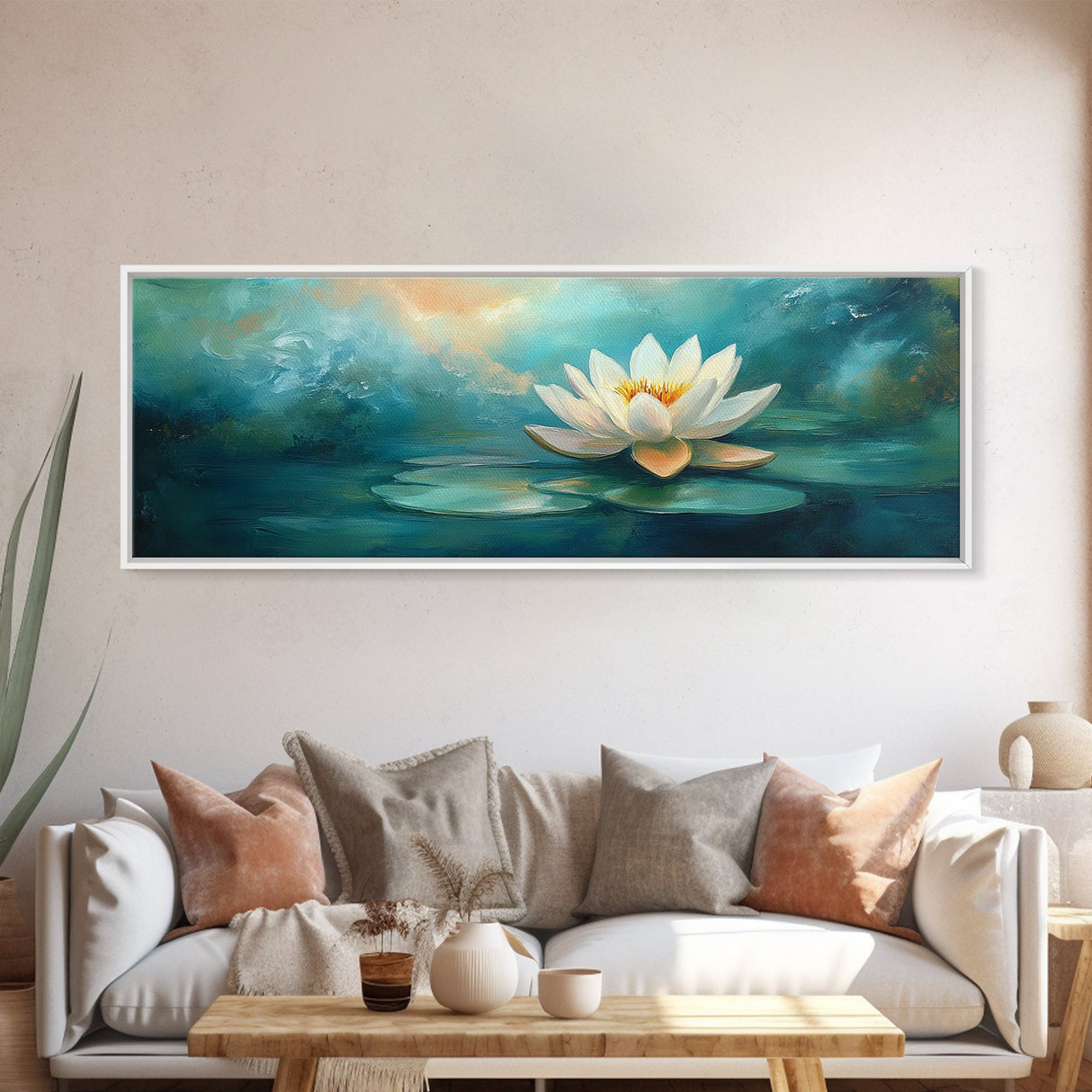 Lotus Flower, Tranquil Water, Canvas Print, Zen Wall Art, Meditation Room Decor, Calm Blue Painting, Bedroom Artwork, Boho Aesthetic