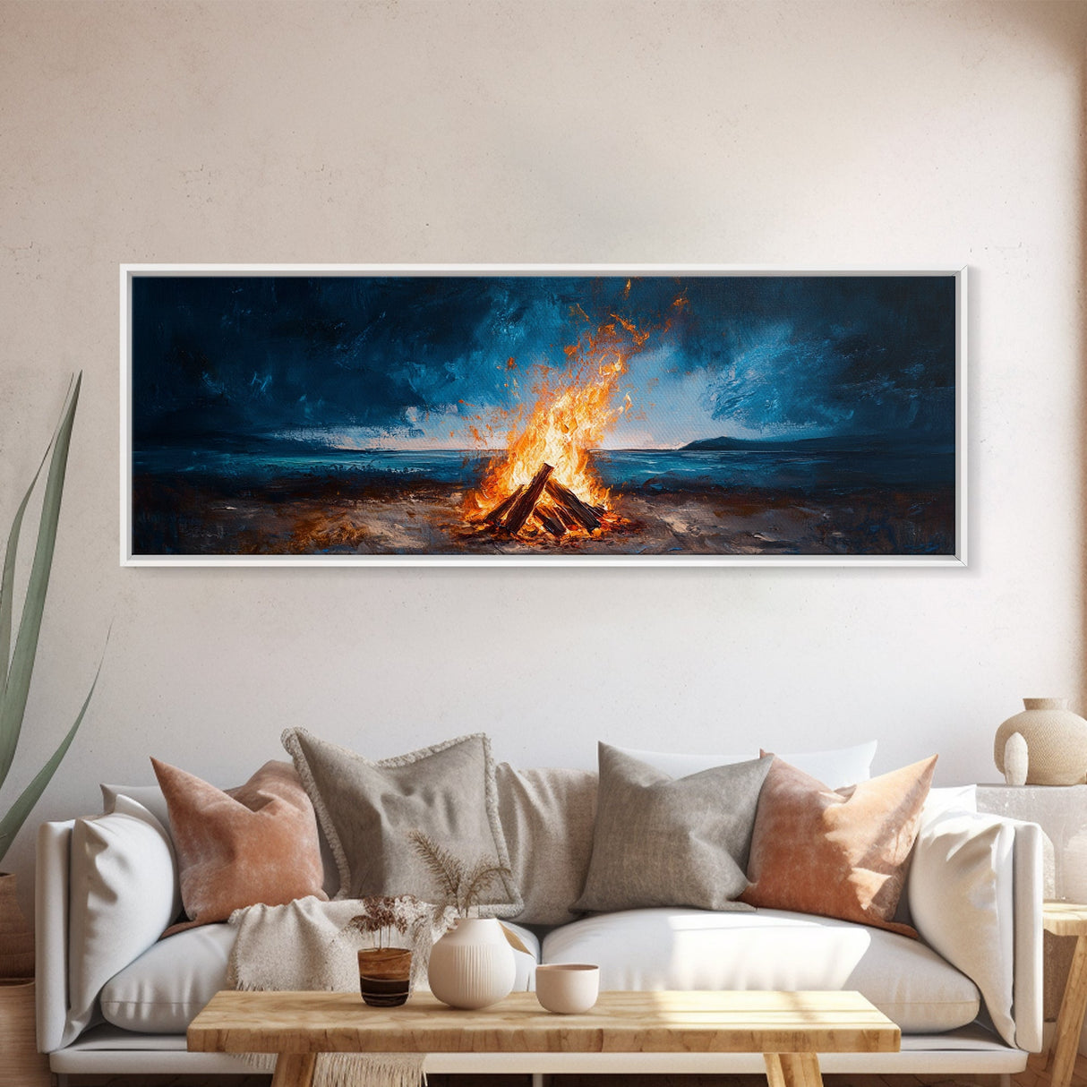 Stormy Beach Bonfire Canvas Print Dramatic Coastal Wall Art Ocean Fire Pit Painting Wilderness Adventure Decor Moody Gift