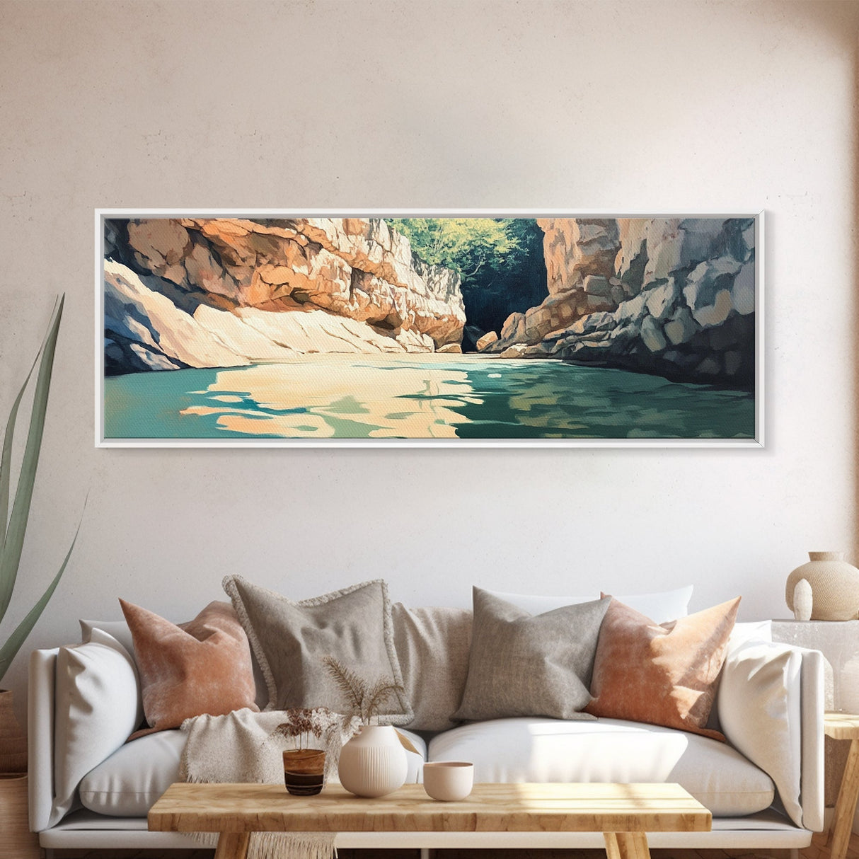 Serene River Canyon Framed Canvas Print Nature Landscape Painting, Rustic Lodge Wall Art, Outdoor Adventure Decor, Water Scene Art