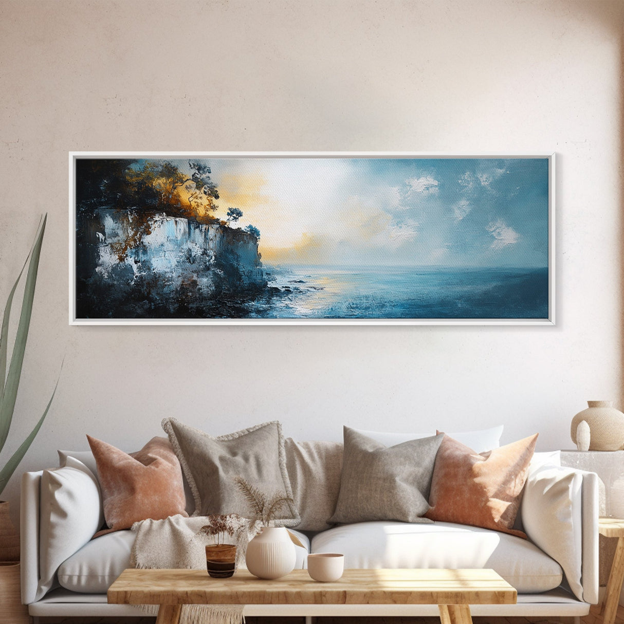 Misty Ocean Cliffs Canvas Print Moody Coastal Wall Art, Dark Blue Seascape Painting, Foggy Landscape, Contemporary Office Decor