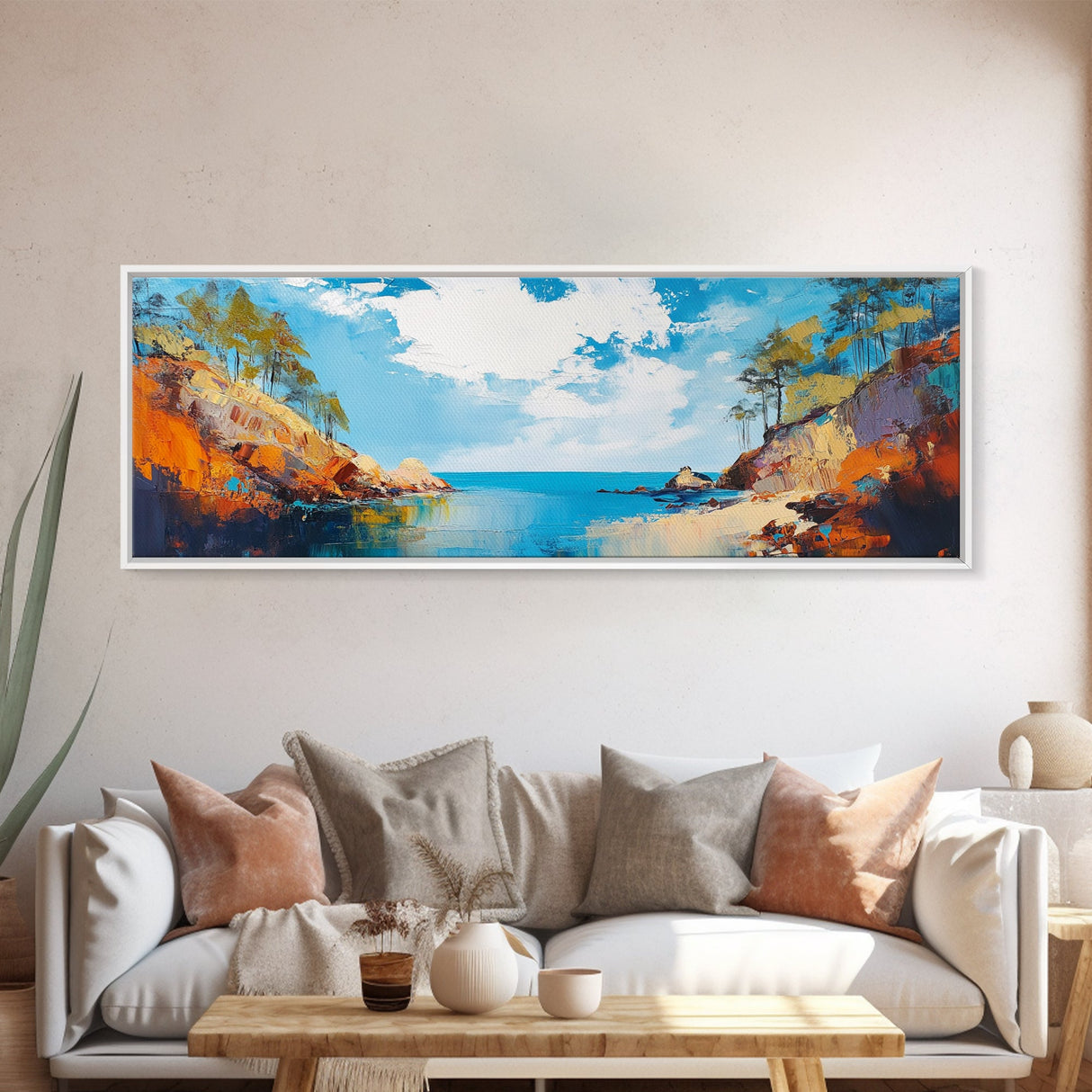 Golden Coast Sunset Framed Canvas Print Bold Landscape Painting, Seaside Scene, Impressionist Coastal Wall Art, Living Room Decor