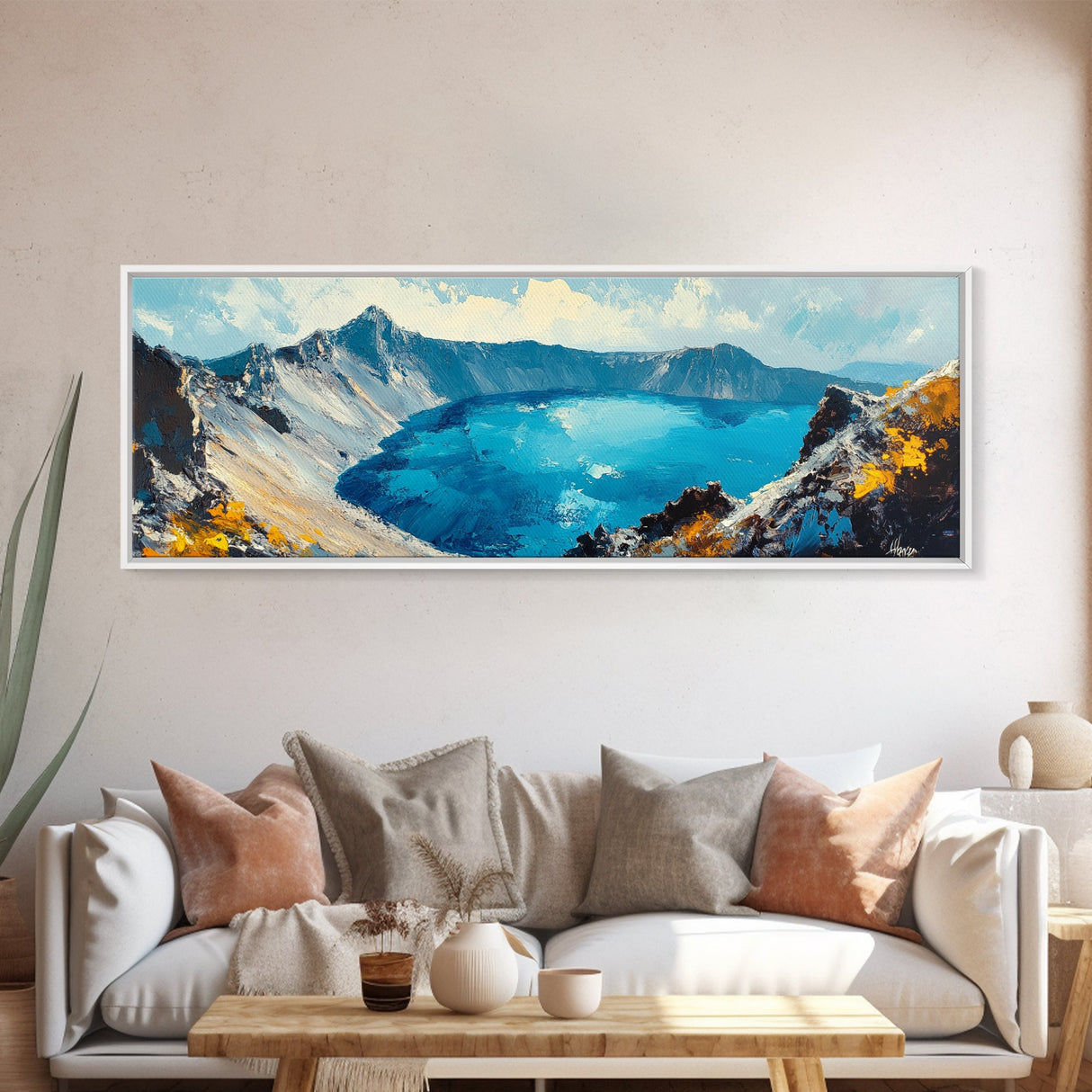 Crater Lake Landscape Framed Canvas Print Majestic Mountain Wall Art, Textured Impasto Painting, Nature Inspired Living Room Decor