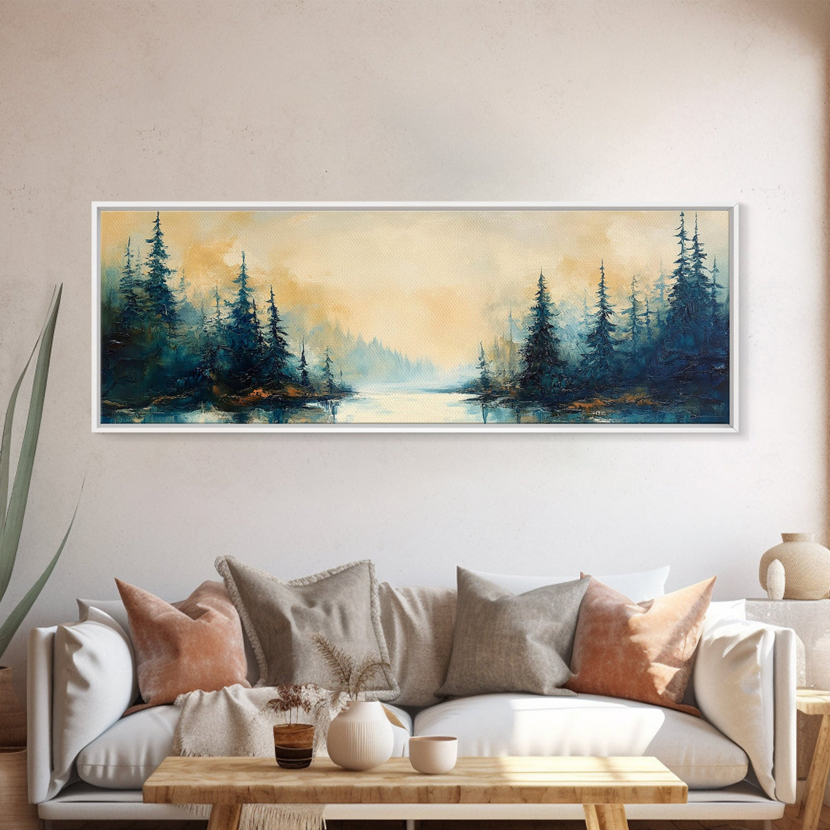 Misty Forest Landscape Wall Art, Blue and Gold Nature Painting, Rustic Cabin Decor, Cozy Woodland Art, Fall Living Room Artwork