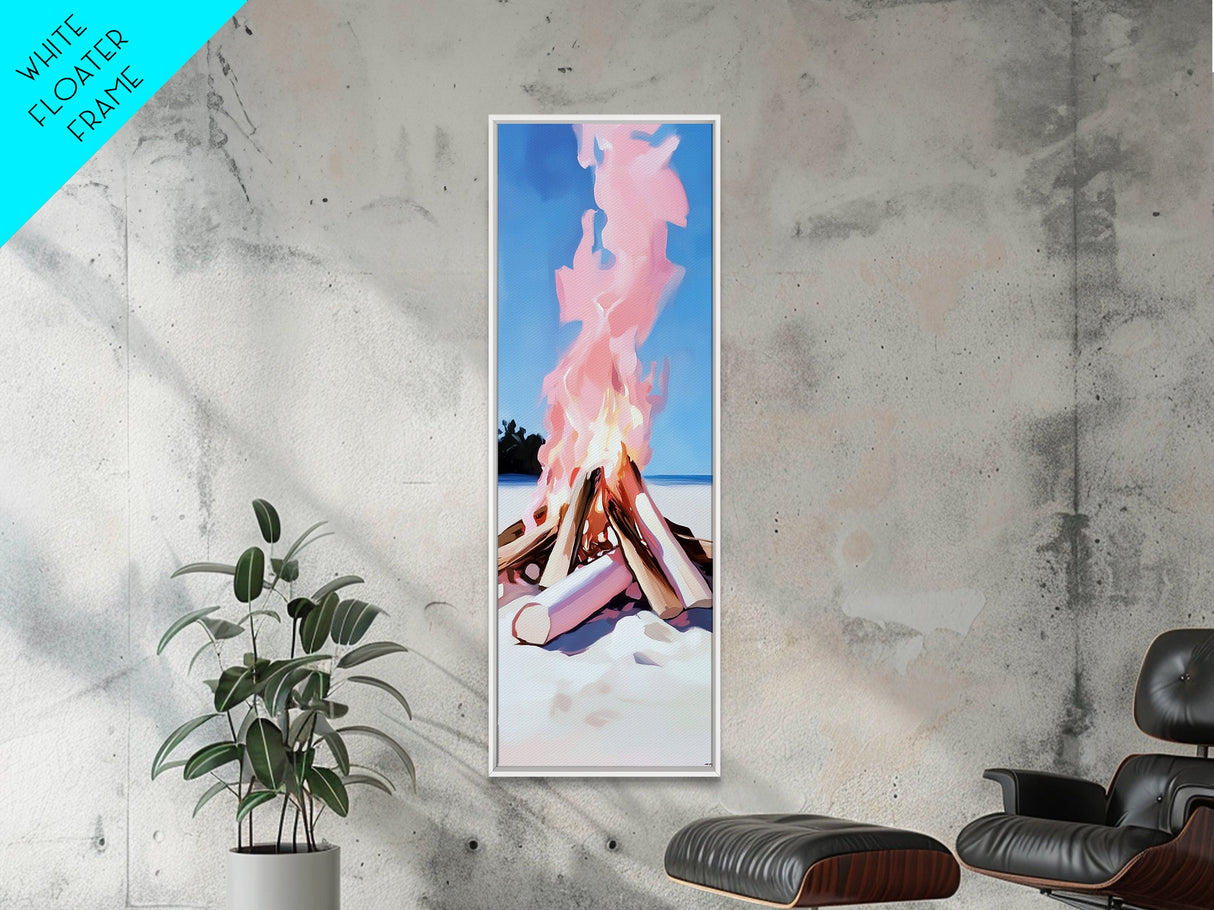 Bonfire Glow, Beach Campfire, Pink Flame Art, Framed Canvas Print, Coastal Decor, Warm Aesthetic, Living Room or Bedroom Wall Art