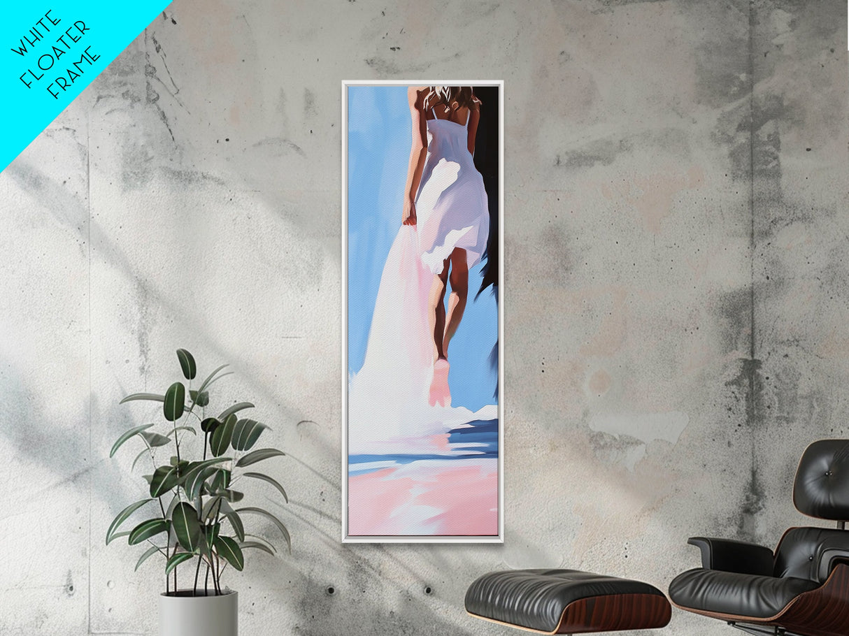 Woman in White, Elegant Beach Art, Dreamy Seaside Scene, Romantic Coastal Decor, Soft Aesthetic, Bedroom Wall Art, Framed Canvas Print