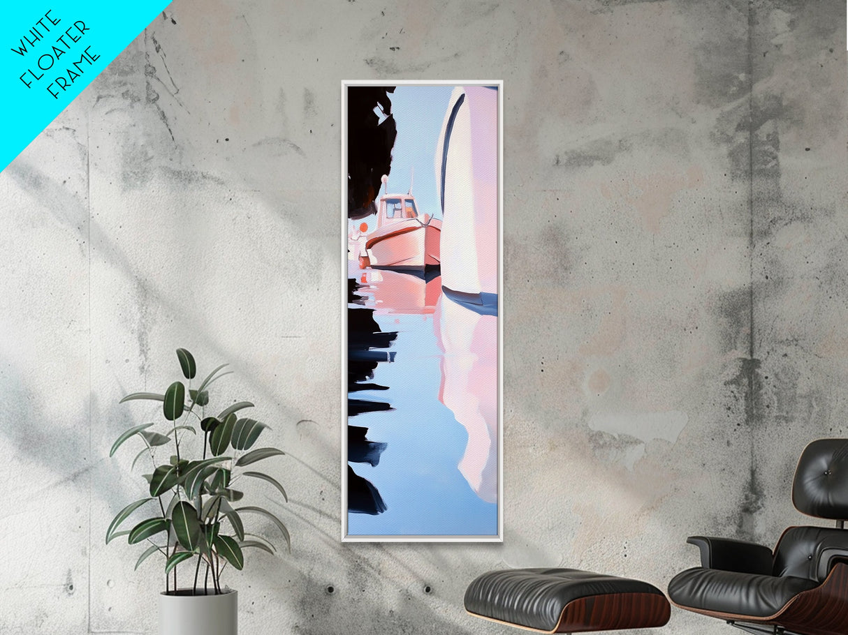 Harbor Reflections, Nautical Wall Art, Coastal Painting, Blue and Pink Decor, Ocean Home, Minimalist Seascape, Framed Canvas Print
