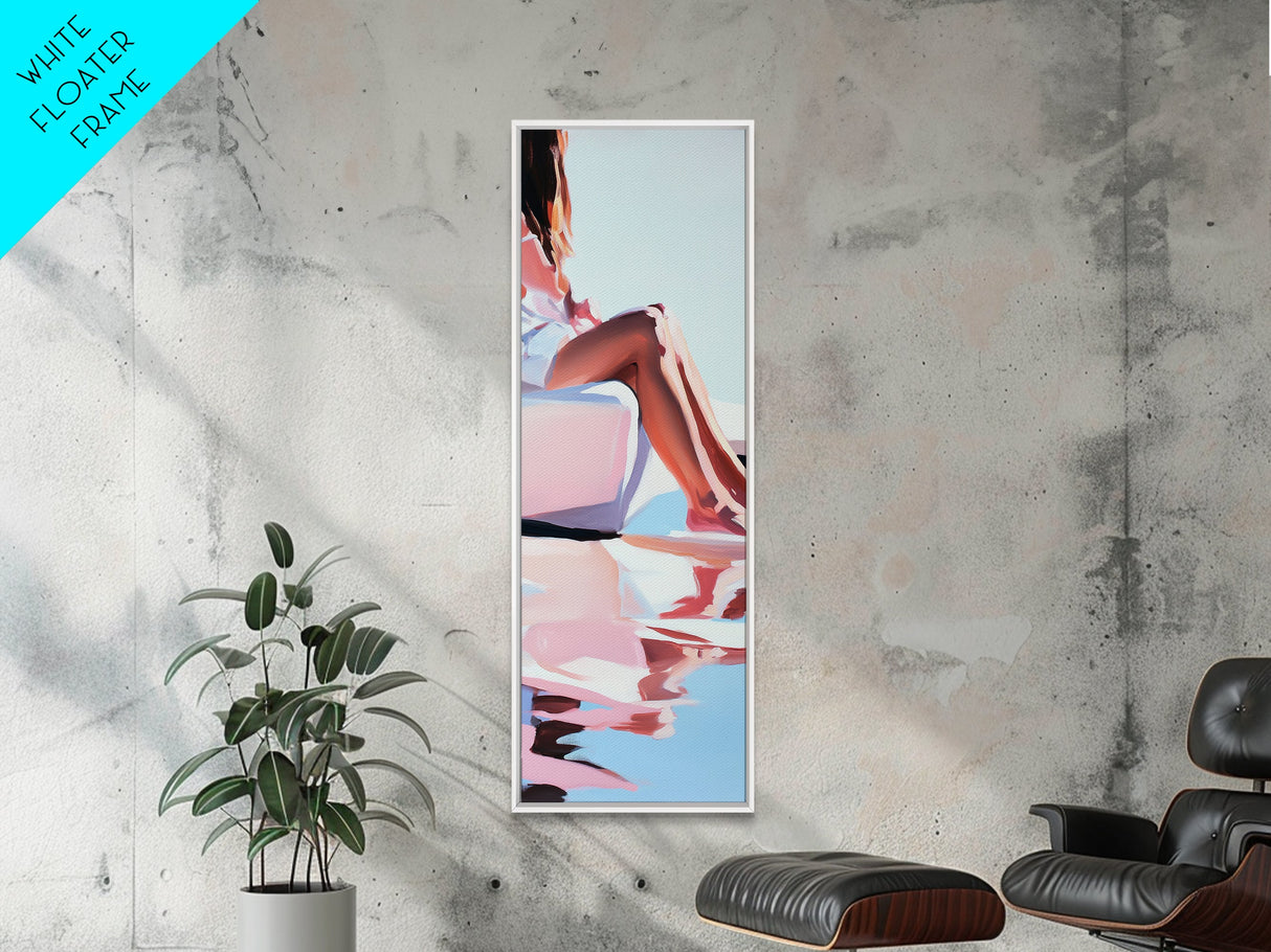Sunlit Poolside, Elegant Woman Art, Minimalist Feminine Decor, Summer Painting, Warm and Serene Aesthetic, Framed Canvas Print
