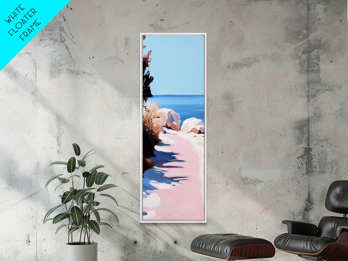 Sunset Pathway, Tranquil Nature Art, Serene Beach Scene, Pastel Landscape, Warm Toned Painting, Dreamy Home Decor, Framed Canvas Print