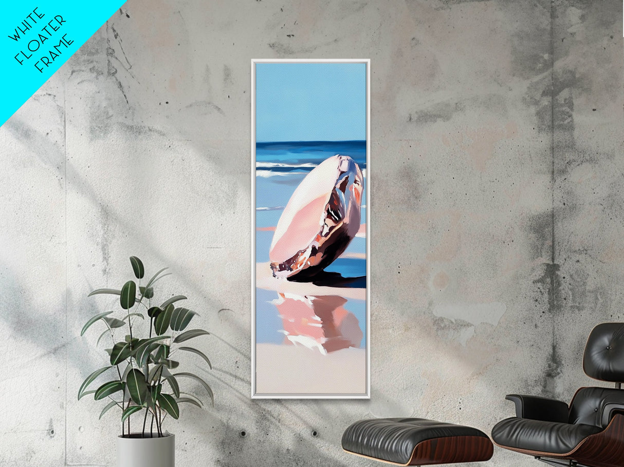 Seashell, Ocean, Beach Art, Coastal, Minimalist, Blue, White, Natural Decor, Modern Home, Bathroom, Framed Canvas Print