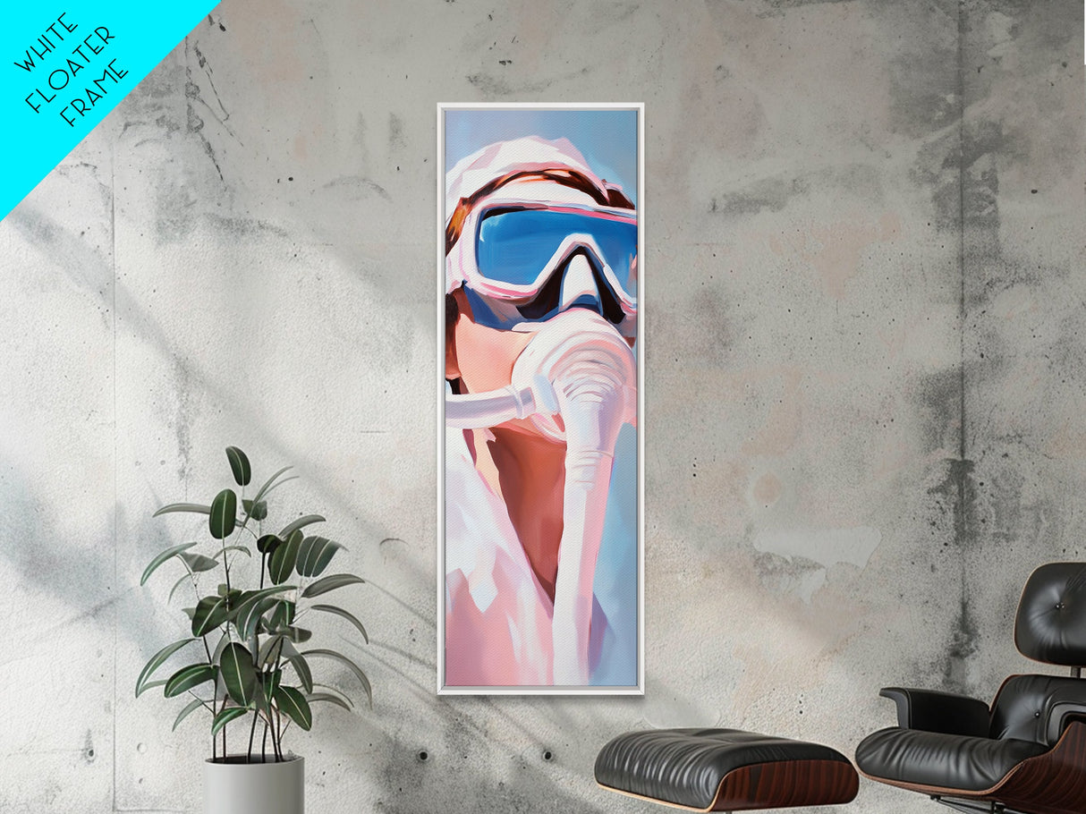 Gas Mask, Diver, Surrealist Art, Sci-Fi, Blue, White, Modern, Futuristic, Office, Living Room, Framed Canvas Print, Bedroom Art