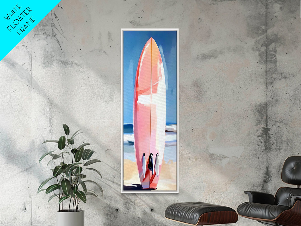Pink Surfboard, Beach House Art, Coastal Aesthetic, Surfer Lifestyle, Summer Vibes, Ocean Theme Framed Canvas Print, Modern Wall Decor