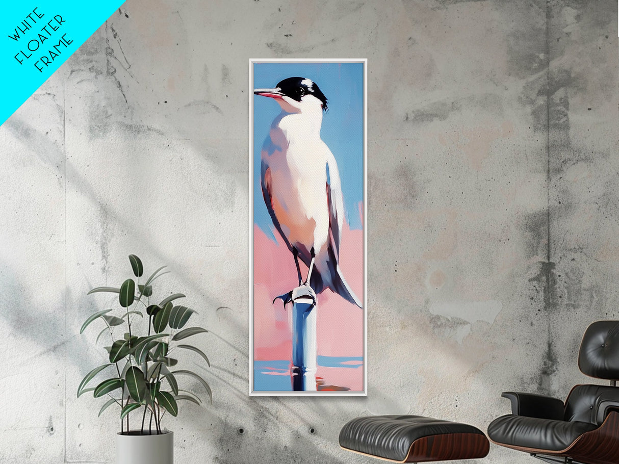 Seabird, Coastal Nature Art, Serene Beach Scene, Pastel Blue Pink, Minimalist Bird Painting, Nautical Wall Decor, Framed Canvas Print