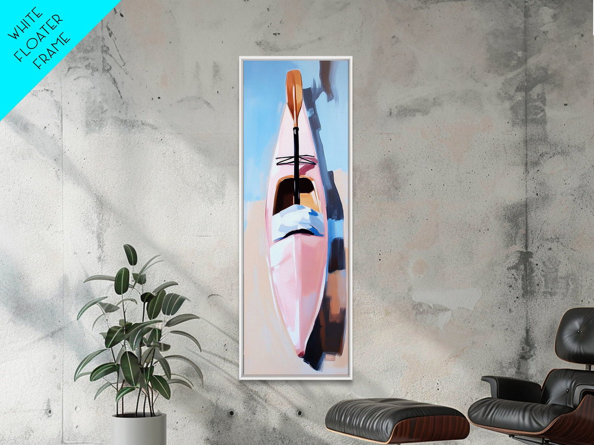 Kayak on Sand, adventure art, beach lover’s decor, soft pastel painting, nature wall art, modern boho aesthetic, framed canvas print