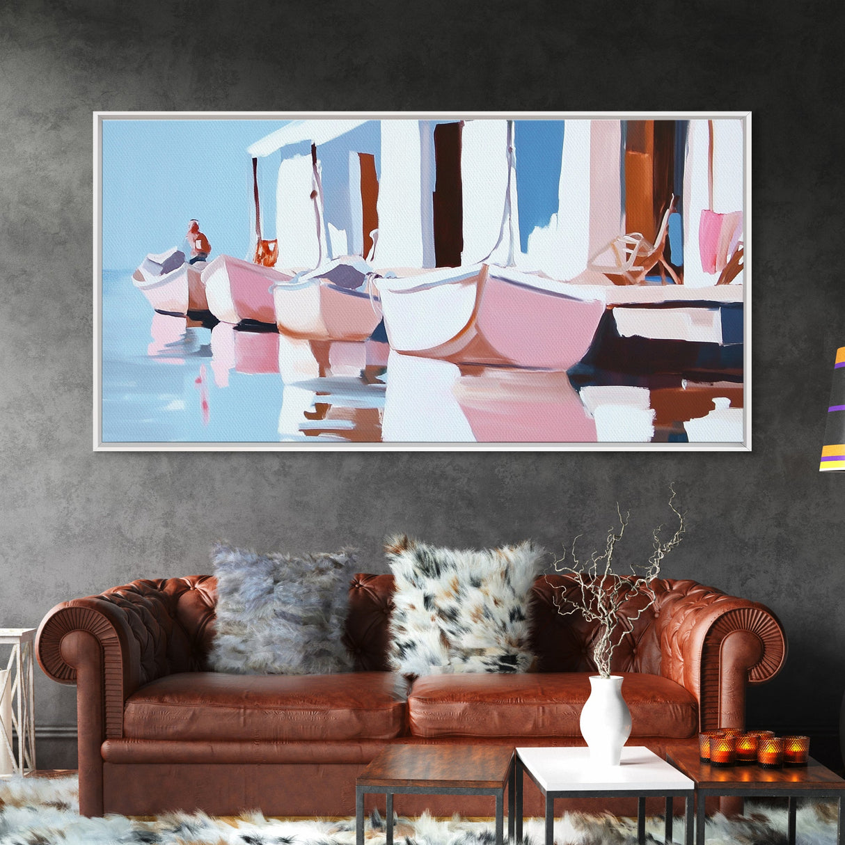 Docked Boats, Nautical Coastal Art, Mediterranean Harbor Scene, Framed Canvas Print, Beach House Wall Decor, Nautical Home Art