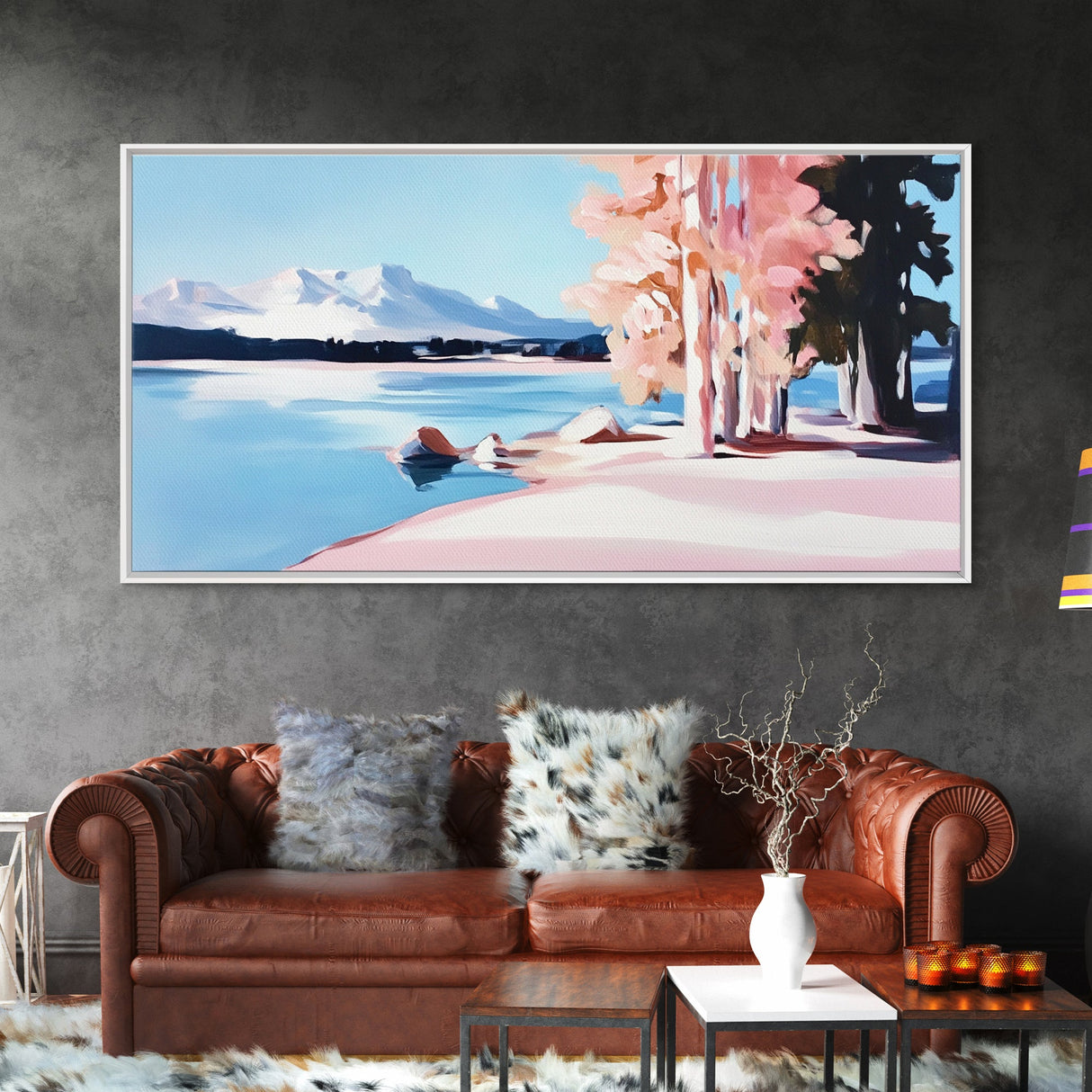Mountain Lake, Pink Trees, Nature Art, Canvas Print, Cabin Wall Decor, Living Room Landscape, Winter Painting, Minimalist Nature Art
