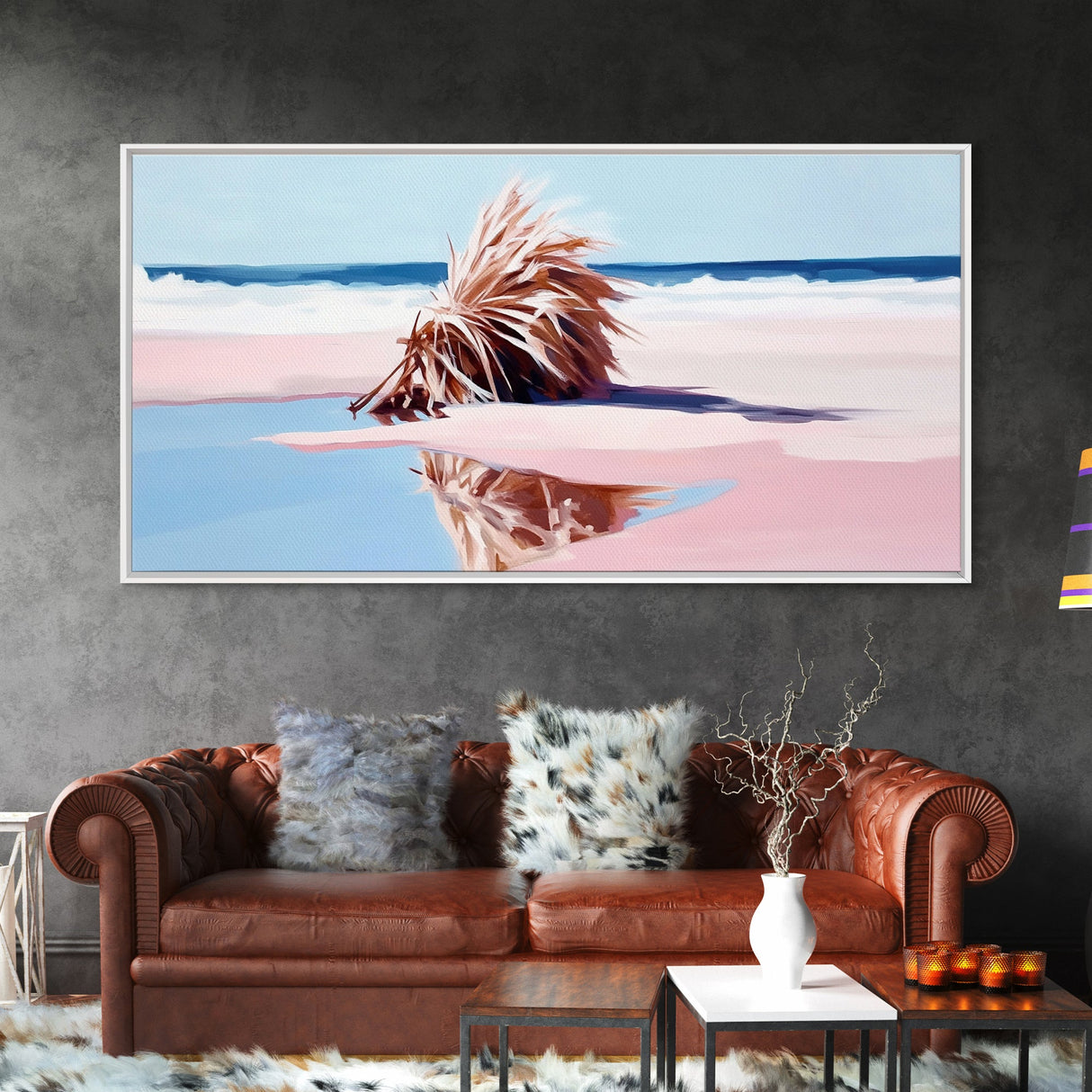 Driftwood on the Shore, Coastal Nature Print, Beach House Decor, Boho Seaside Art, Minimalist Ocean Photography, Bedroom Framed Canvas Print