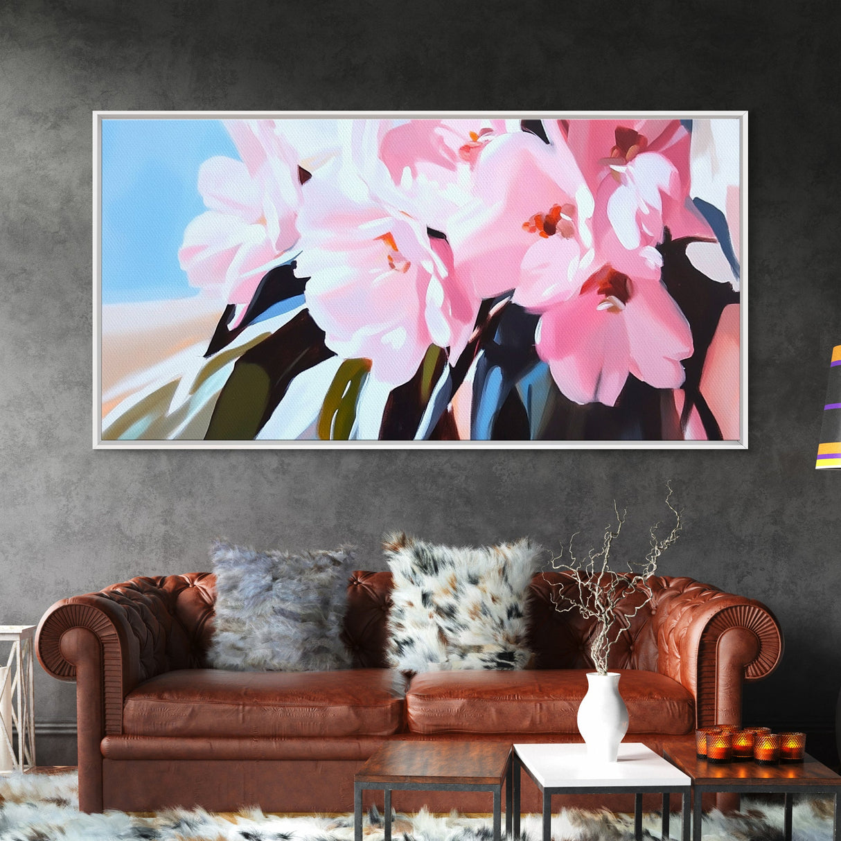 Pink Cherry Blossoms, Floral Wall Art, Romantic Botanical Print, Spring Bloom Decor, Nature-Inspired Aesthetic, Bedroom Framed Canvas Print