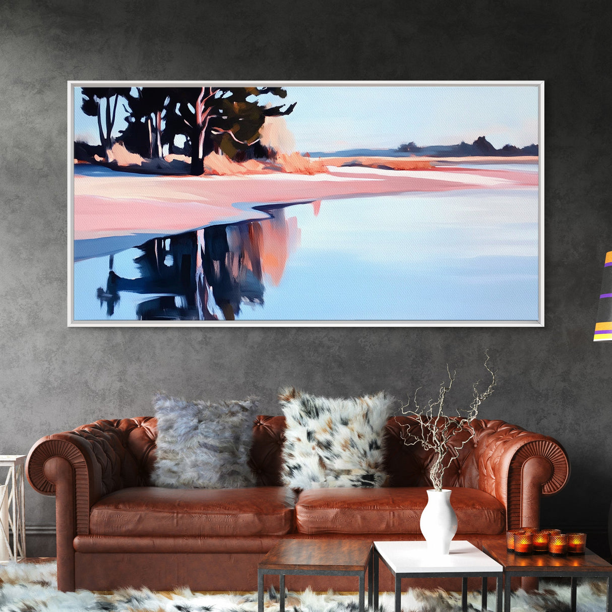 Lakeside Reflection, Serene Landscape Art, Nature Wall Print, Calm Waters Artwork, Zen Tranquility Decor, Office Canvas Print