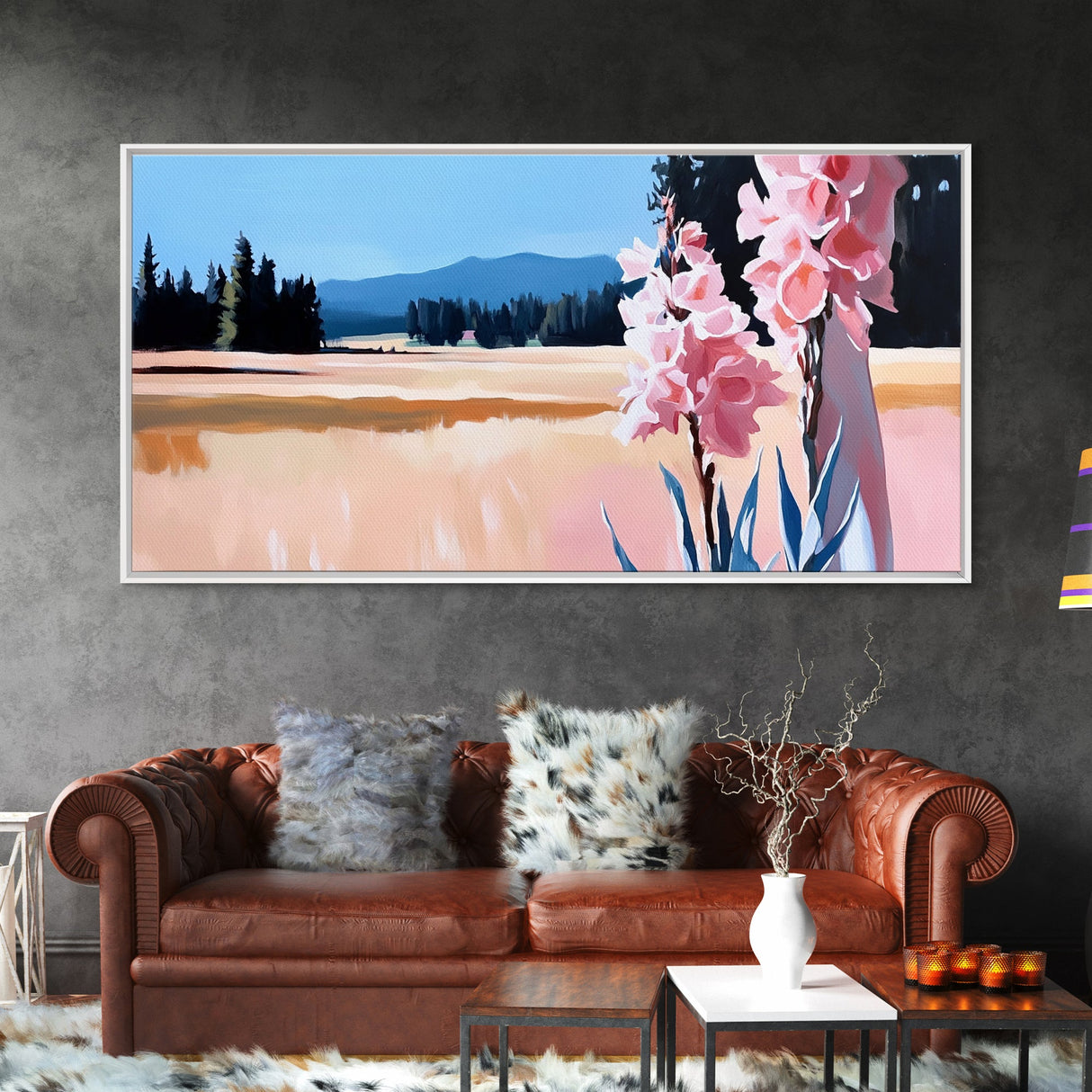Pink Flowers, Nature Landscape, Countryside Wall Art, Floral Aesthetic, Boho Decor, Bedroom Wall Art, Minimalist Art, Canvas Print