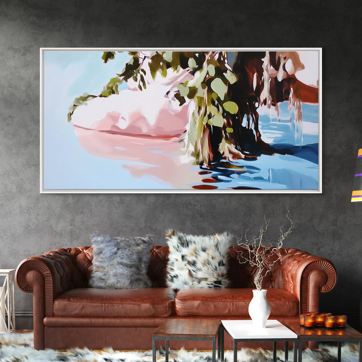 Serenity Reflections, Nature, Framed Canvas Print, Tranquil lake scene, soft pastels, modern landscape, minimalist decor, bedroom wall art