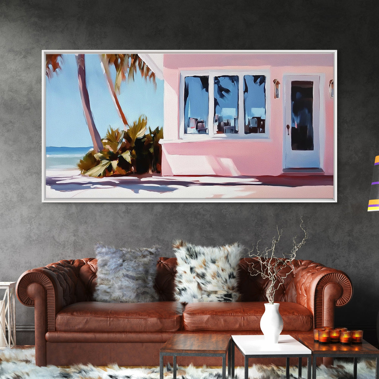 Seaside Cottage, Beach House, Coastal Living, Palm Trees, Ocean Breeze, Tropical Getaway, Minimalist Art, Nautical Theme, Canvas Print