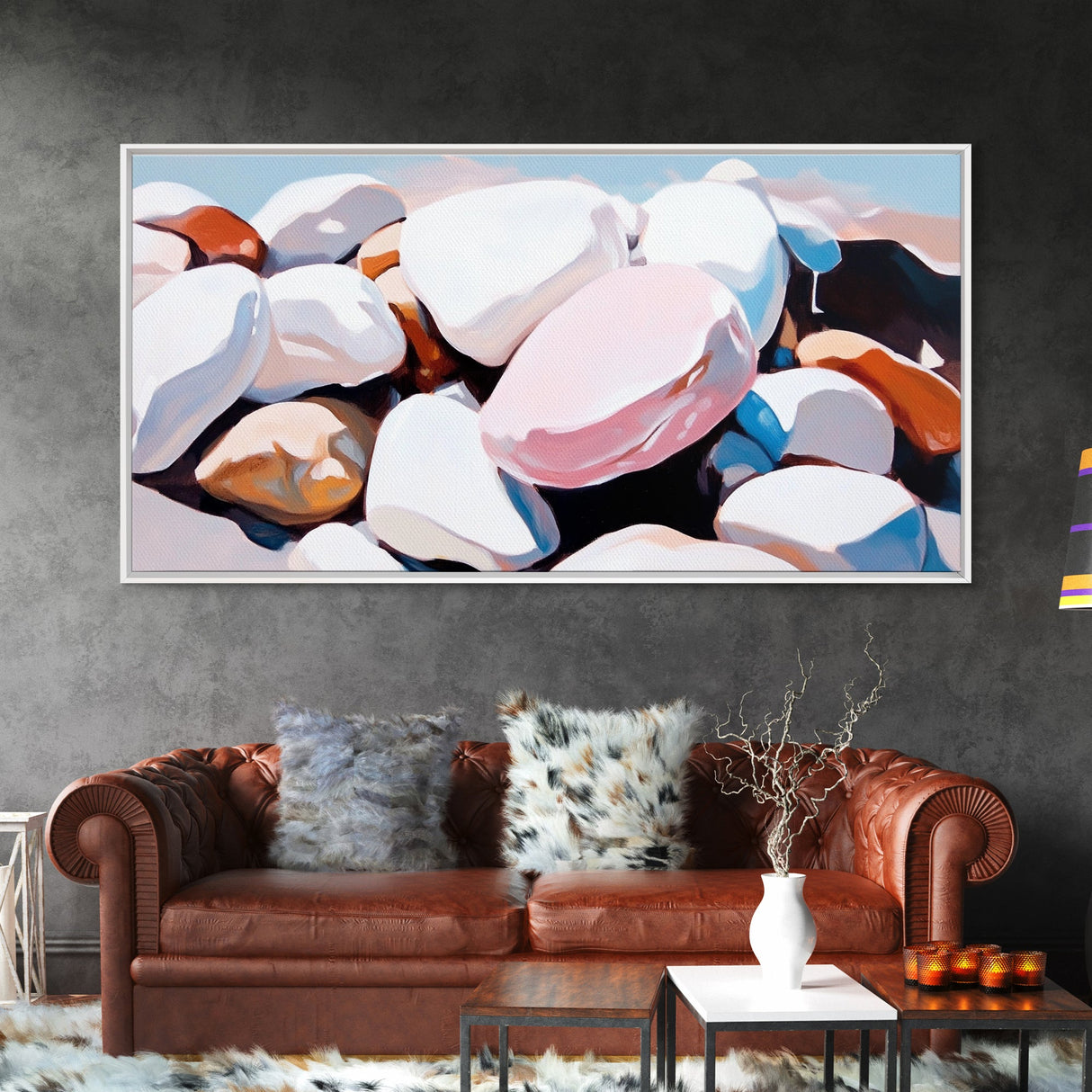 Smooth Stones, Pebble Beach, Coastal Art, Framed Canvas Print, Neutral Home Decor, Minimalist Style, Nature Inspired, Spa Wall Art