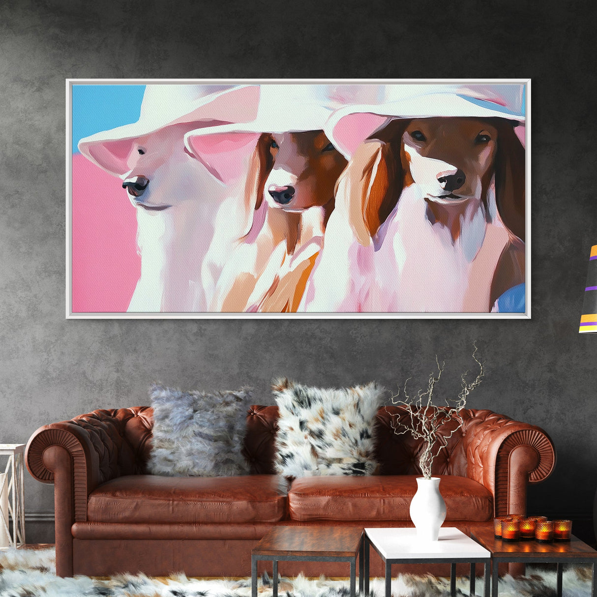 Stylish Dogs, Trendy Animal Art, Pink Aesthetic Print, Modern Pet Portrait, Whimsical Wall Art, Playful Decor, Framed Canvas Print