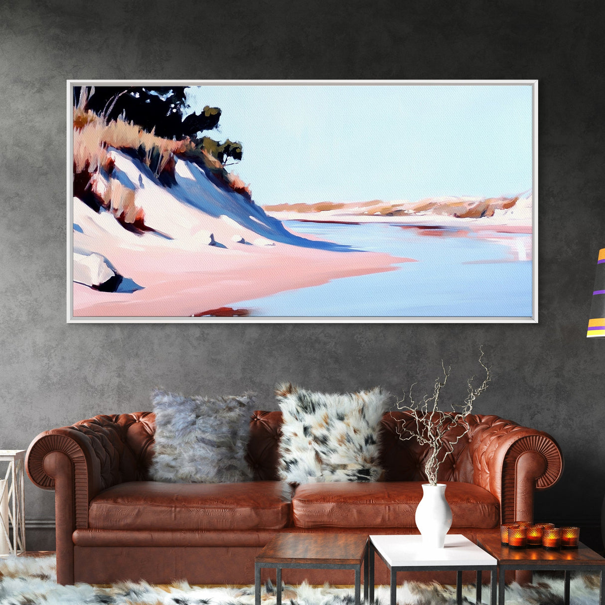Sandy Riverbank, Minimalist Nature Art, Soft Pastel Landscape, Warm Earthy Print, Rustic Home Decor, Boho Wall Art, Framed Canvas Print