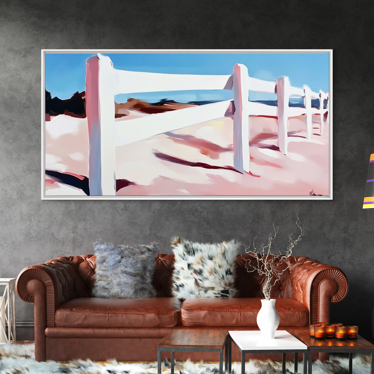 White Fence, Coastal Landscape, Pastel Beach Art, Framed Canvas Print, Minimalist Wall Decor, Ocean View Painting, Summer Art